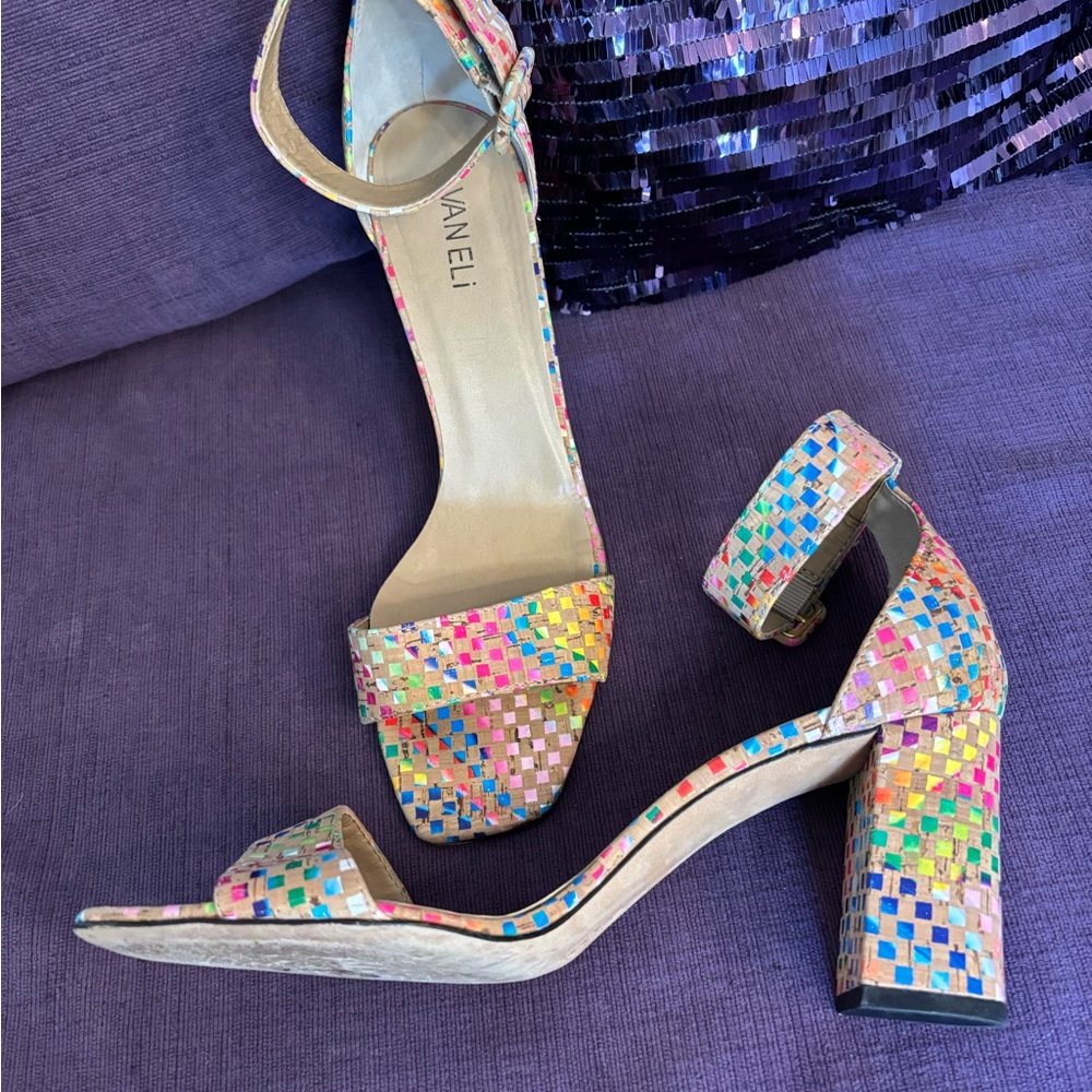 Vaneli‎ Women's Multicolor Heeled Sandals 3.5” Block Heal Cork Finish Size 10W - Picture 6 of 11